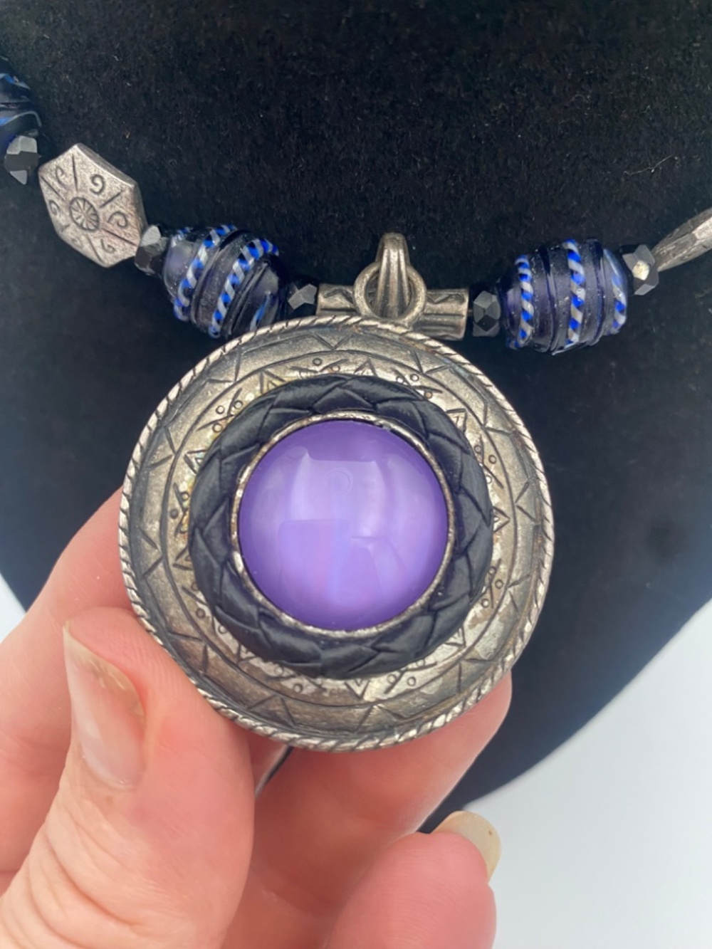 Vintage Statement Purple Stone Medallion Necklace Black Braid Cord - Picture 2 of 11